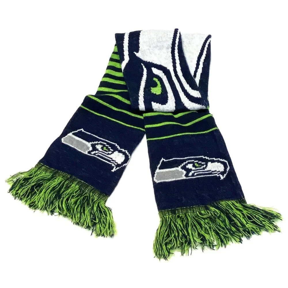 NFL Seattle Seahawks Double Side Stripe Sea Hawk Design Wrap Fringed Knit Scarf